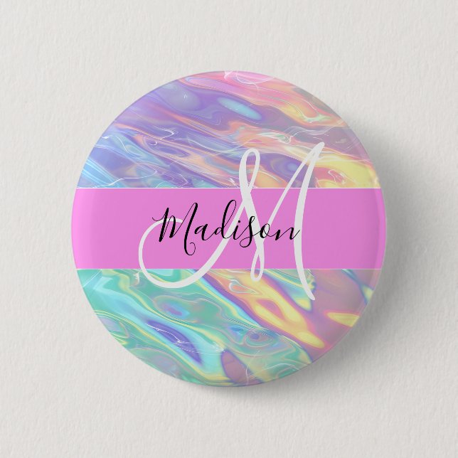 Girly Pink Holographic Iridescent Monogram Name 6 Cm Round Badge (Front)