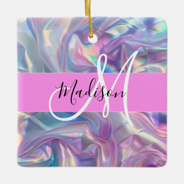 Girly Pink Holographic Iridescent Monogram Name Ceramic Ornament (Front)