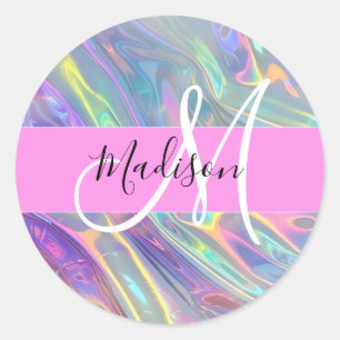 Girly Pink Holographic Iridescent Monogram Name Classic Round Sticker