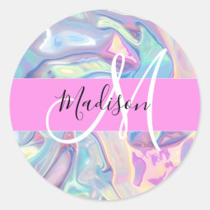 Girly Pink Holographic Iridescent Monogram Name Classic Round Sticker