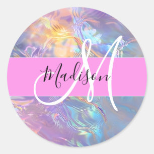 Girly Pink Holographic Iridescent Monogram Name Classic Round Sticker