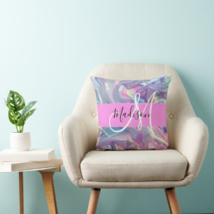 Girly Pink Holographic Iridescent Monogram Name Cushion