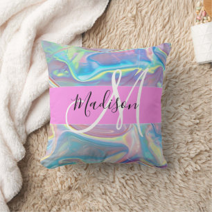 Girly Pink Holographic Iridescent Monogram Name Cushion