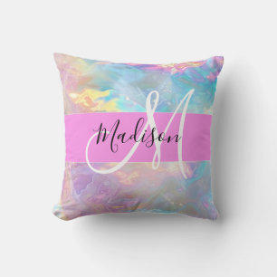 Girly Pink Holographic Iridescent Monogram Name Cushion