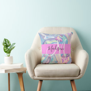 Girly Pink Holographic Iridescent Monogram Name Cushion