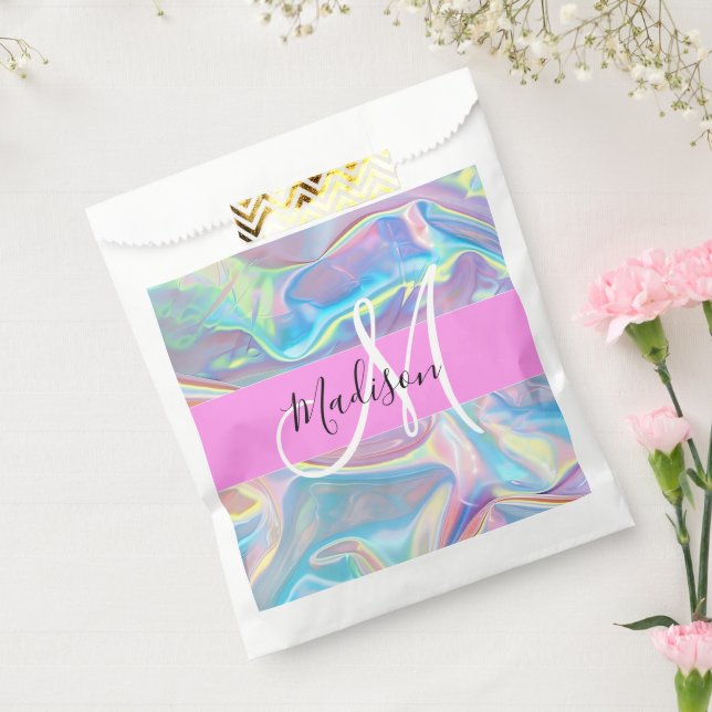 Girly Pink Holographic Iridescent Monogram Name Favour Bags (Sealed)