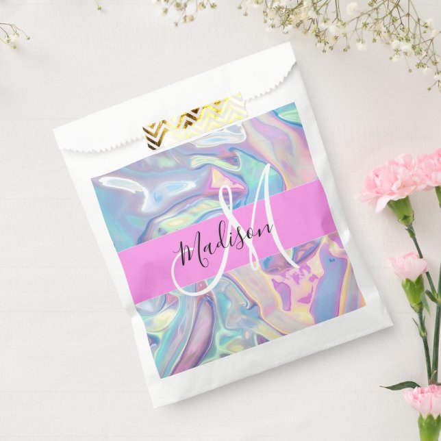 Girly Pink Holographic Iridescent Monogram Name Favour Bags (Sealed)
