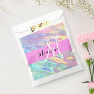Girly Pink Holographic Iridescent Monogram Name Favour Bags