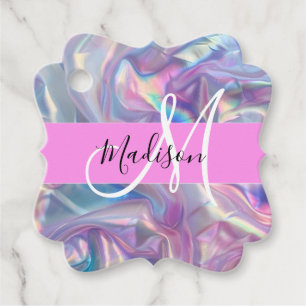 Girly Pink Holographic Iridescent Monogram Name Favour Tags