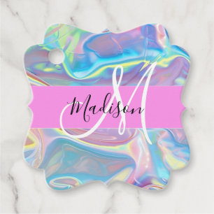 Girly Pink Holographic Iridescent Monogram Name Favour Tags