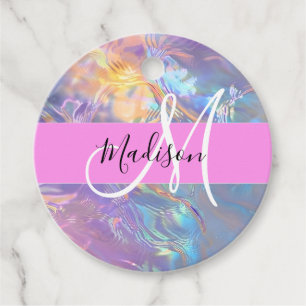 Girly Pink Holographic Iridescent Monogram Name Favour Tags