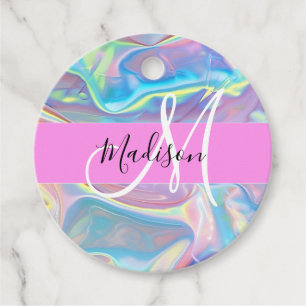 Girly Pink Holographic Iridescent Monogram Name Favour Tags