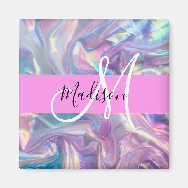 Girly Pink Holographic Iridescent Monogram Name Magnet (Front)