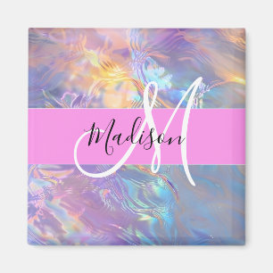 Girly Pink Holographic Iridescent Monogram Name Magnet