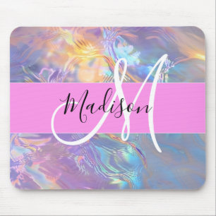 Girly Pink Holographic Iridescent Monogram Name Mouse Mat