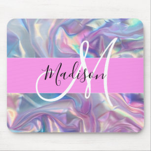 Girly Pink Holographic Iridescent Monogram Name Mouse Mat