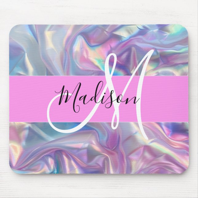 Girly Pink Holographic Iridescent Monogram Name Mouse Mat (Front)