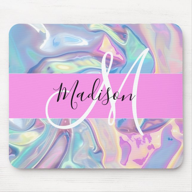 Girly Pink Holographic Iridescent Monogram Name Mouse Mat (Front)