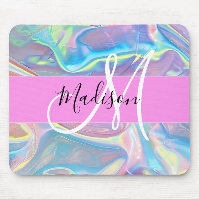 Girly Pink Holographic Iridescent Monogram Name Mouse Mat (Front)