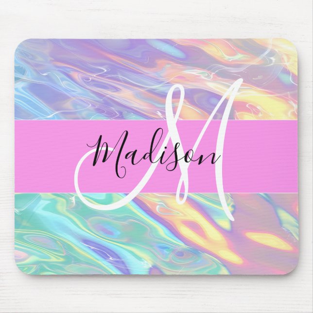 Girly Pink Holographic Iridescent Monogram Name Mouse Mat (Front)