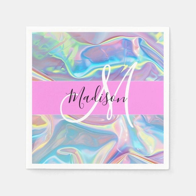 Girly Pink Holographic Iridescent Monogram Name Napkin (Front)