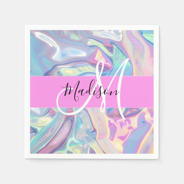 Girly Pink Holographic Iridescent Monogram Name Napkin (Front)