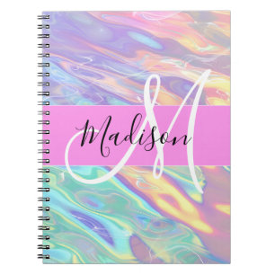 Girly Pink Holographic Iridescent Monogram Name Notebook