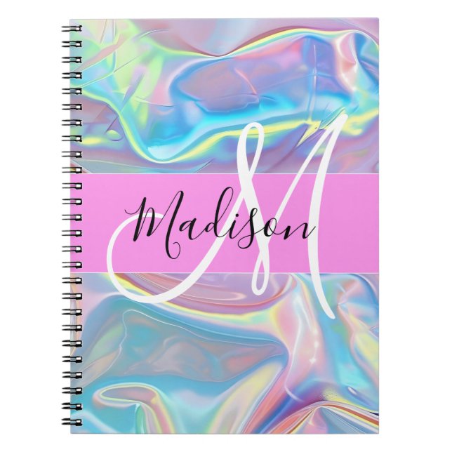 Girly Pink Holographic Iridescent Monogram Name Notebook (Front)