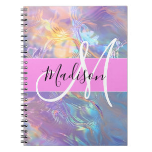 Girly Pink Holographic Iridescent Monogram Name Notebook