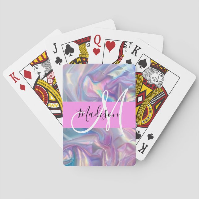 Girly Pink Holographic Iridescent Monogram Name Playing Cards (Back)