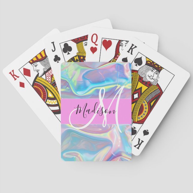Girly Pink Holographic Iridescent Monogram Name Playing Cards (Back)