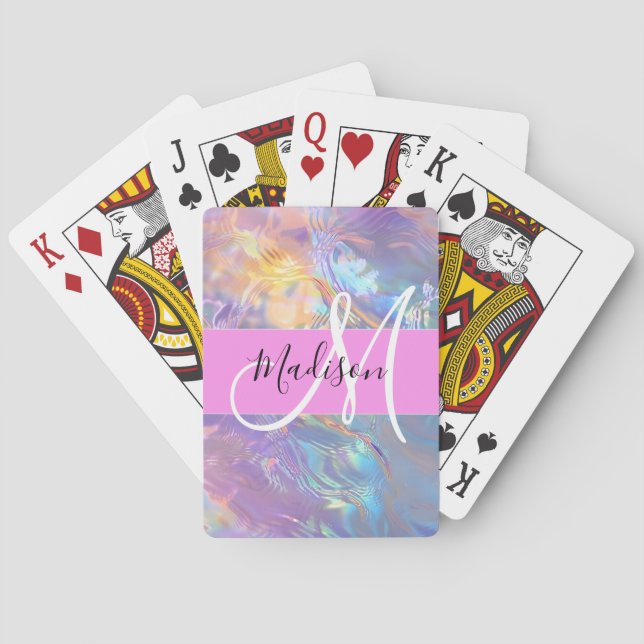 Girly Pink Holographic Iridescent Monogram Name Playing Cards (Back)