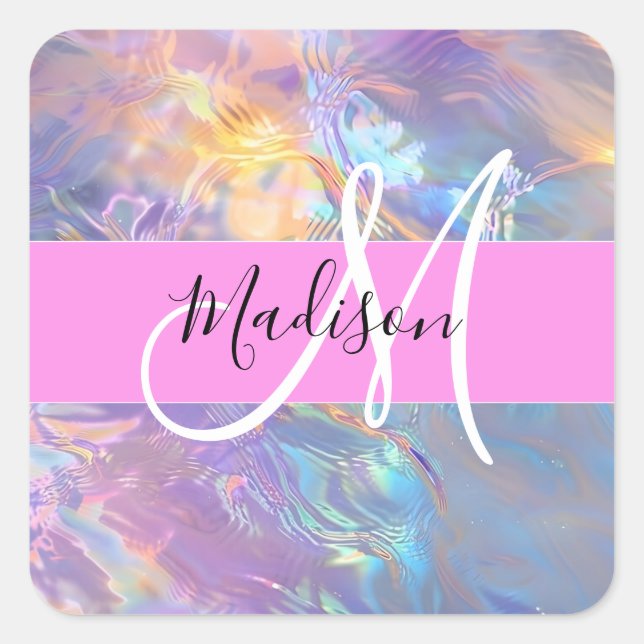 Girly Pink Holographic Iridescent Monogram Name Square Sticker (Front)