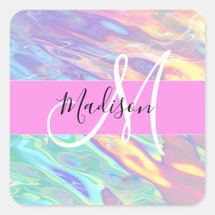 Girly Pink Holographic Iridescent Monogram Name Square Sticker