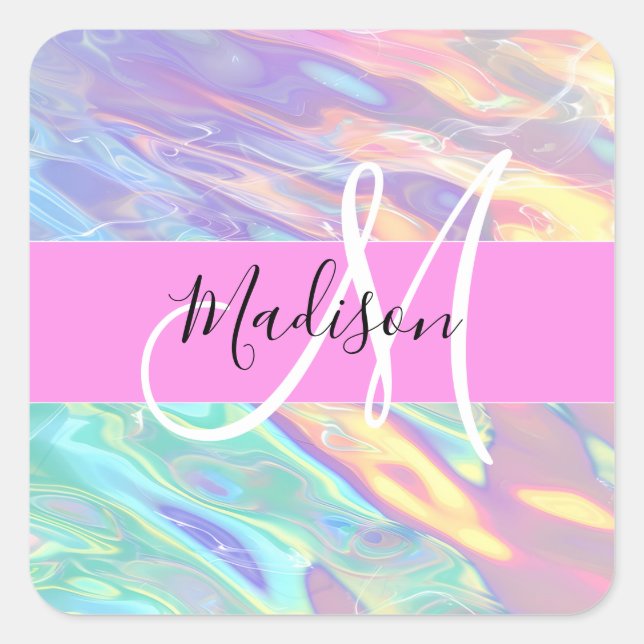 Girly Pink Holographic Iridescent Monogram Name Square Sticker (Front)