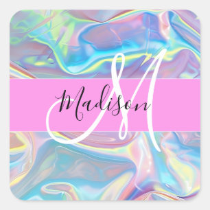 Girly Pink Holographic Iridescent Monogram Name Square Sticker