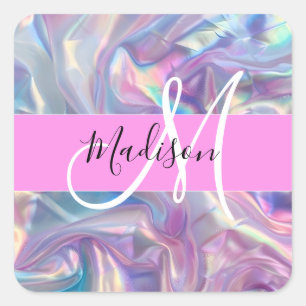Girly Pink Holographic Iridescent Monogram Name Square Sticker