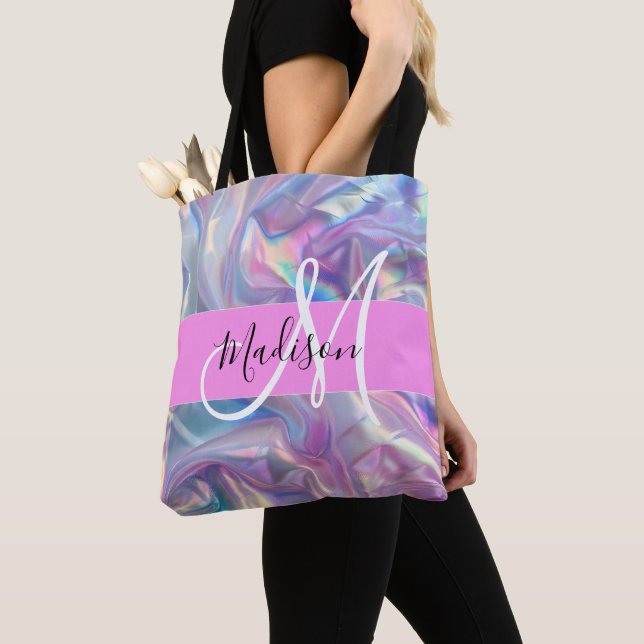 Girly Pink Holographic Iridescent Monogram Name Tote Bag (Close Up)