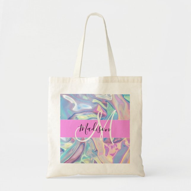 Girly Pink Holographic Iridescent Monogram Name Tote Bag (Front)