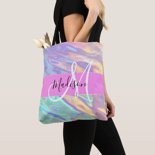Girly Pink Holographic Iridescent Monogram Name Tote Bag (Close Up)