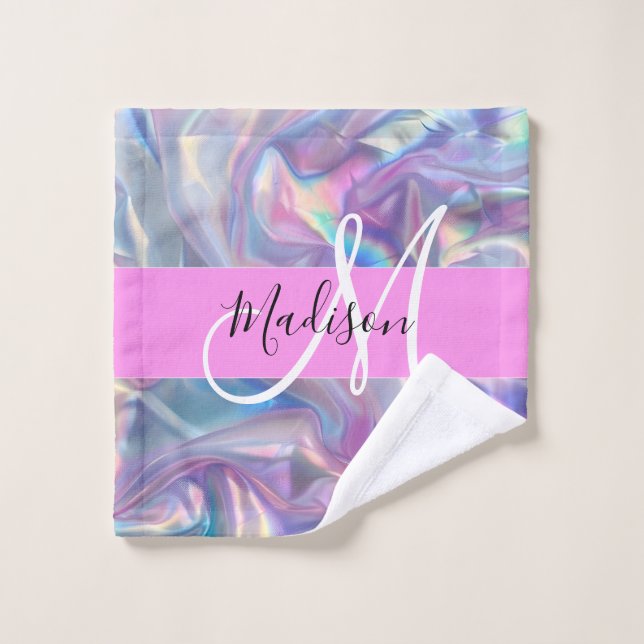 Girly Pink Holographic Iridescent Monogram Name Wash Cloth (Wash Cloth)