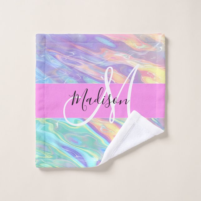 Girly Pink Holographic Iridescent Monogram Name Wash Cloth (Wash Cloth)