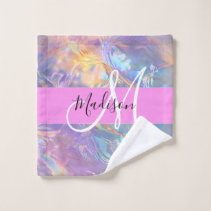 Girly Pink Holographic Iridescent Monogram Name Wash Cloth