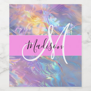 Girly Pink Holographic Iridescent Monogram Name Wine Label