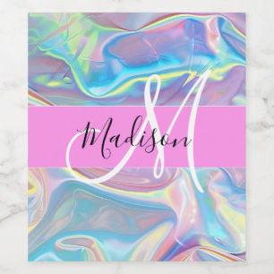 Girly Pink Holographic Iridescent Monogram Name Wine Label