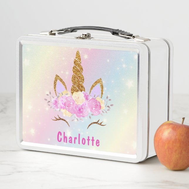Girly Pink Kawaii Unicorn Cat Holographic Rainbow  Metal Lunch Box (In Situ)