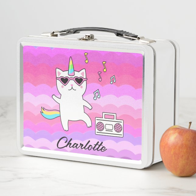 Girly Pink Kawaii Unicorn Cat Personalised  Metal Lunch Box (In Situ)