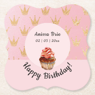 Girly Pink Kids Cupcake Birthday Paper Coaster