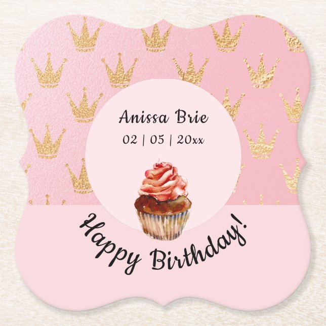 Girly Pink Kids Cupcake Birthday Paper Coaster (Front)