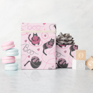 Girly Pink Kitty Love Kittens and Yarn Tangle Kids Wrapping Paper